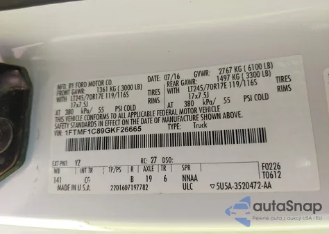 2016 Ford F-150 Xl z USA, uszkodzony, nr VIN 1FTMF1C89GKF26665